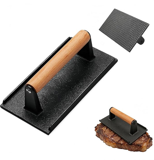 Cast Iron Smashed Burger Press,8.3" Rectangular Grill Press with Wooden Handle,Heavy-Duty Flat Edge Burger Tool for Crispy Smash Burgers,BBQ & Griddle Accessories (Rectangular)