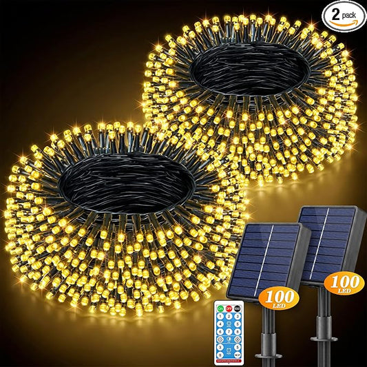LitHome 2 Pack Solar String Lights Outdoor with Remote, Total 200LED 66FT | Solar Christmas Lights Outside Waterproof, 8 Modes String Light for Xmas Patio Garden Party Yard Tree Decor, Warm White