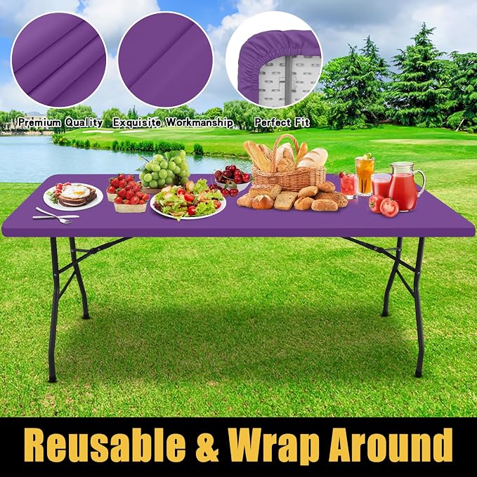 Smiry Rectangle Picnic Table Cloth, Waterproof Elastic Fitted Tablecloths for 4 Foot Tables, Washable Polyester Table Cover for Camping, Indoor and Outdoor (Purple, 24"x48")