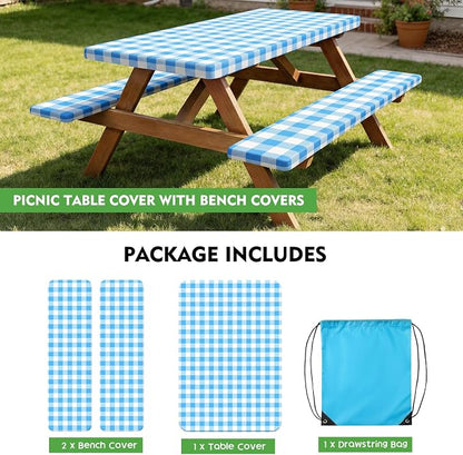 Picnic Table Cover with Bench Covers, Waterproof Tablecloth Set, Blue Grid | Fitted 6ft Tables, for Outdoor Camping, RV, Includes 1 Table Cover(30"x72"), 2 Bench Covers(72"x12"), Drawstring Storage Bag