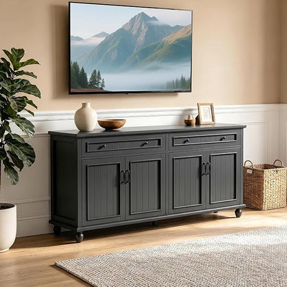 Scurrty Sideboard Buffet Cabinet, 62'' Large Storage Cabinet with Drawers and 4 Doors, Vintage Coffee Bar Cabinets with Adjustable Shelf for Kitchen, Living Room, Black