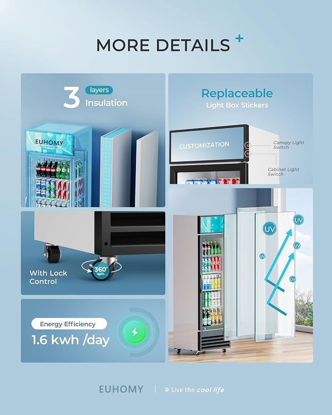 EUHOMY 9 Cu.Ft Commercial Display Refrigerator, Glass Door Merchandiser Drink Fridge with Adjustable Shelves and Soft LED Light, Commercial Beverage Refrigerator for Cafe, Restaurant, Bar(Black)