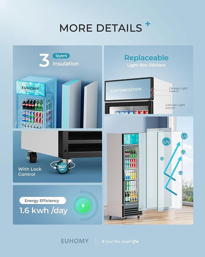 EUHOMY 9 Cu.Ft Commercial Display Refrigerator, Glass Door Merchandiser Drink Fridge with Adjustable Shelves and Soft LED Light, Commercial Beverage Refrigerator for Cafe, Restaurant, Bar(Black)