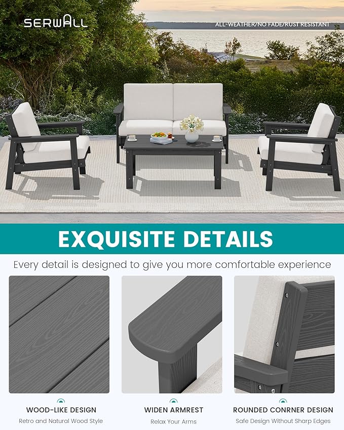 SERWALL Outdoor Loveseat, All-Weather HDPE Outdoor Furniture Set, Grey Frame and Khaki Cushion