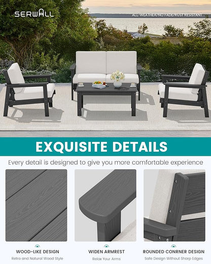 SERWALL Outdoor Loveseat, All-Weather HDPE Outdoor Furniture Set, Grey Frame and Khaki Cushion
