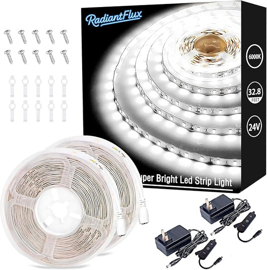 RadiantFlux White Strip Lights,2 Sets of 32.8ft. LED Strip Lights,Strip Light for Cabinet,1200 LEDs Flexible LED Strip Lights for Shelves, Living Room, Study, Wardrobe