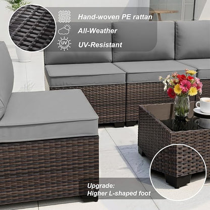 ALAULM Patio Furniture Set with Fire Pit Table 55000 BTU, Outdoor Sectional with Wide Seat and Thick Cushion, 15 Piece Wicker Rattan Conversation Set with Coffee Table for Garden, Deck, Grey
