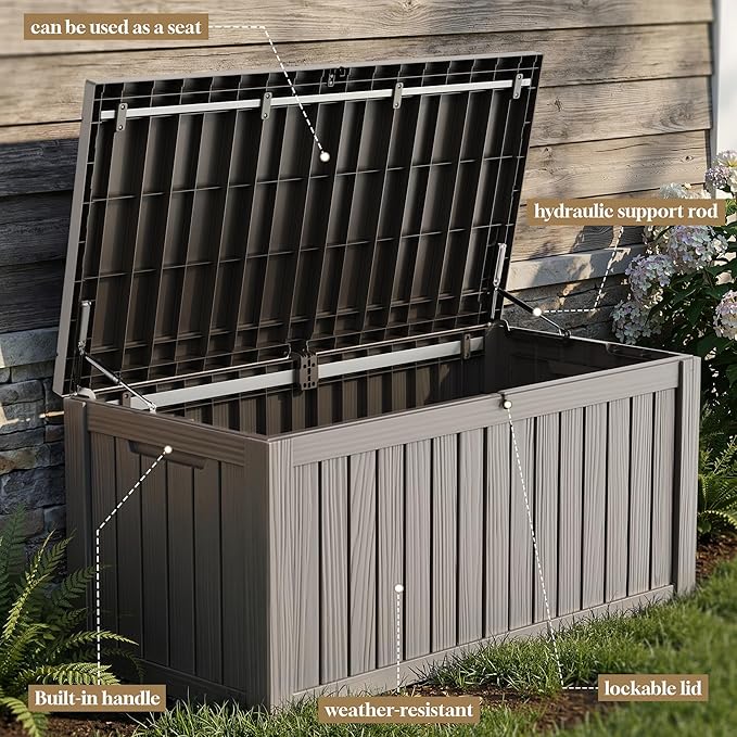 ROJIK 150 Gallon Outdoor Storage Box Waterproof,Weatherproof Deck Boxes Outdoor Lockable,Resin Outside Storage Box for Garden Tools,Cushions,Pool Accessories(Grey,150 Gal)