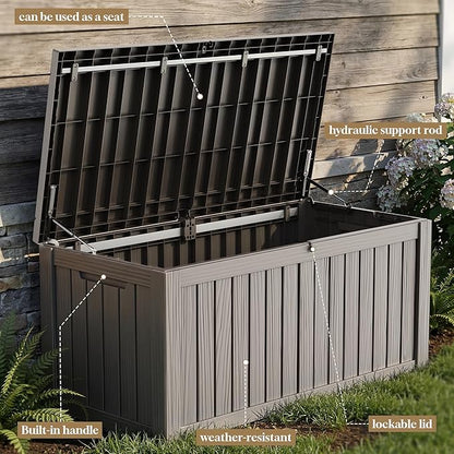 ROJIK 150 Gallon Outdoor Storage Box Waterproof,Weatherproof Deck Boxes Outdoor Lockable,Resin Outside Storage Box for Garden Tools,Cushions,Pool Accessories(Grey,150 Gal)