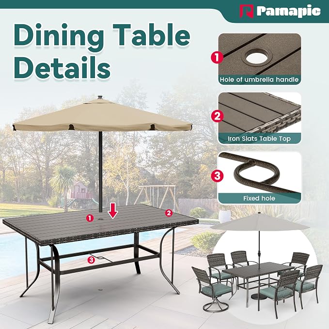 Pamapic 7-Piece Outdoor Dining Set with Swivel Rocker Chairs, Wicker Patio Furniture for 6, Poolside Garden Deck with Iron Table & Removable Cushions (Green)