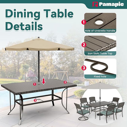 Pamapic 7-Piece Outdoor Dining Set with Swivel Rocker Chairs, Wicker Patio Furniture for 6, Poolside Garden Deck with Iron Table & Removable Cushions (Green)