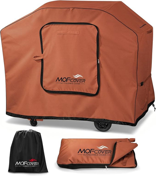 Exclusive Foldable 55 inch Grill Cover, 600D Heavy Duty Outdoor BBQ Cover for 3-4 Burners Grill, Waterproof Fade Resistant Barbecue Cover, Caramel