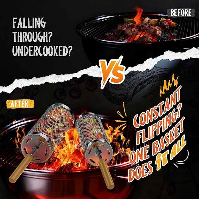 Rolling Grill Basket 2-Pack,304 Stainless Steel Grill Basket with Removable Wooden Handle,BBQ Tool & Smoker Accessory for Grill Rotisseries Veg & Shrimp,Ideal for Outdoor Cooking,Camping & Gifts for Dad/Husband/Men
