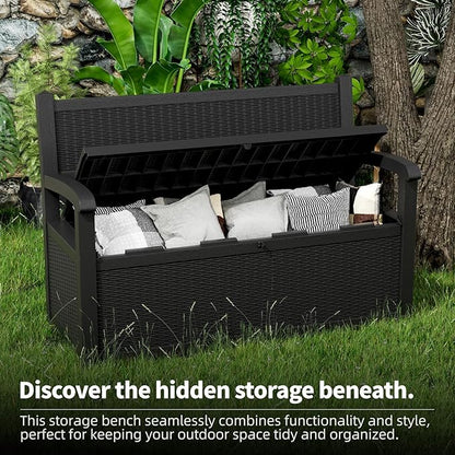 PatioZen 80 Gallon Outdoor Storage Bench Deck Box Waterproof Lockable,Outdoor Storage Furniture for Patio,Garden and Porch,Tools and Cushions（ Black）