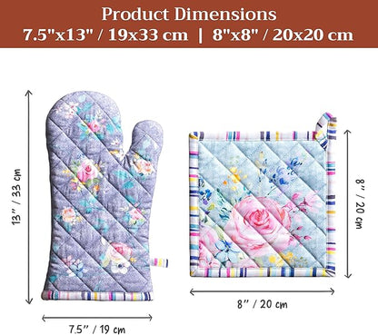 Maison d' Hermine 100% Cotton Oven Mitt & Pot Holder Set (7.5"x13" & 8"x8") Heat Resistant BBQ Cooking Gloves with Loop Grilling Kitchen Hotel Home Farmhouse Spring Summer (Sweet Rose Lavender - Lush)