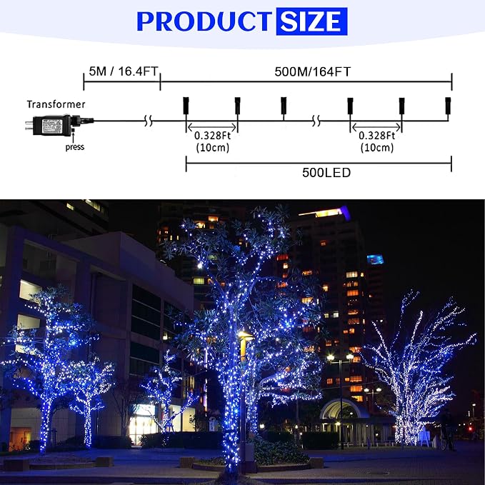 kemooie 500 LED Blue and White Christmas Lights, 164FT 8 Lighting Mode with Memory Plug in Christmas Tree Lights, for Outdoor Birthday Christmas Party Garden Balcony Decorations (Blue and White)