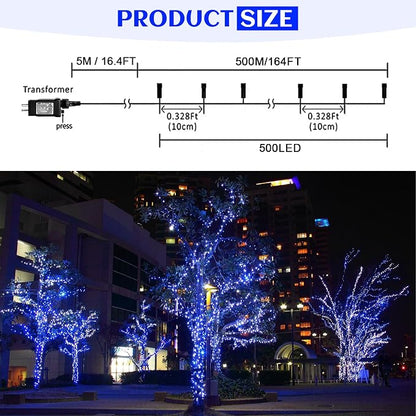 kemooie 500 LED Blue and White Christmas Lights, 164FT 8 Lighting Mode with Memory Plug in Christmas Tree Lights, for Outdoor Birthday Christmas Party Garden Balcony Decorations (Blue and White)