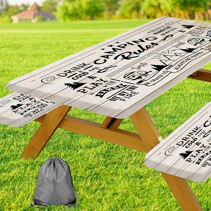 JAWO Camping Rules Wooden Plank Picnic Table Cover with Bench Covers, Camper RV Essentials Gear Supplies Outdoor Waterproof Windproof Tablecloth with Elastic, 30x72 Inch