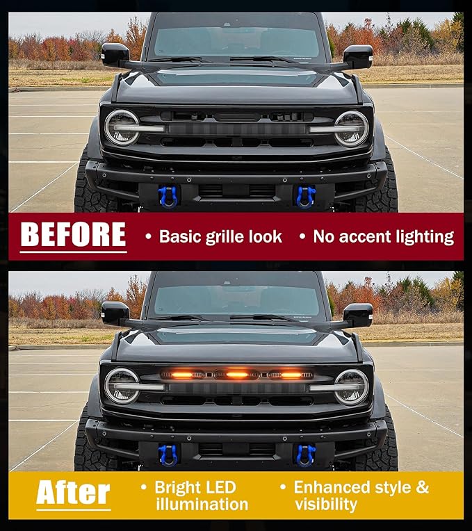 Front Bumper Grill Lights for Ford Bronco 2021-2024 LED Marker Head Light Bar Lamps DRL Insert Accessories, Only Fits Big Bend & Outer Bank 2/4 Door (Amber)