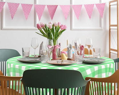 Disposable Checkered Tablecloth Round Plastic Buffalo Plaid Table Cloth 84'' Gingham Tablecover for Picnic Camping BBQ Graduation Party(Green and White,6 Pieces)