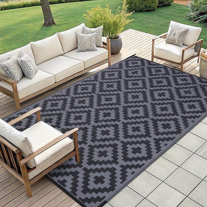 Smiry Outdoor Rug 9x12 ft Waterproof Reversible Boho Mat, Black & Grey | Polypropylene Plastic Straw, Quick Drying, Lightweight Foldable, for Patio, Deck, RV Camping, Backyard and Indoor Outdoor Use