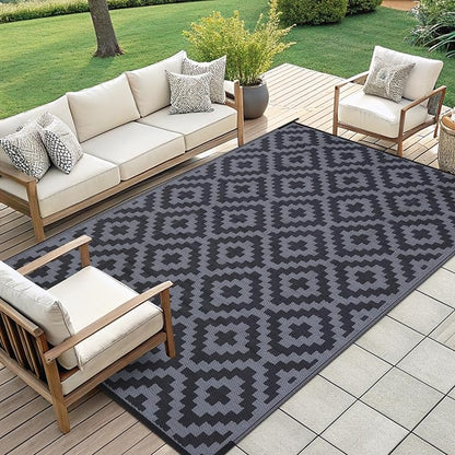 Smiry Outdoor Rug 9x12 ft Waterproof Reversible Boho Mat, Black & Grey | Polypropylene Plastic Straw, Quick Drying, Lightweight Foldable, for Patio, Deck, RV Camping, Backyard and Indoor Outdoor Use