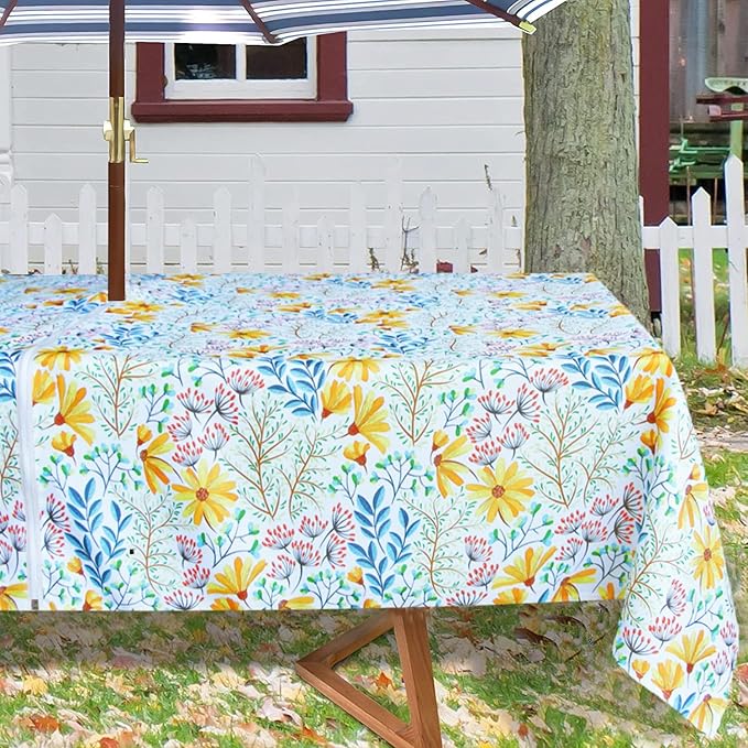 EHouseHome Outdoor and Indoor 60x84 inch Tablecloth with Umbrella Hole and Zipper, Waterproof Zippered Patio Cloths, Spring/Summer Table Covers for Backyard Circular Table/BBQs/Picnic
