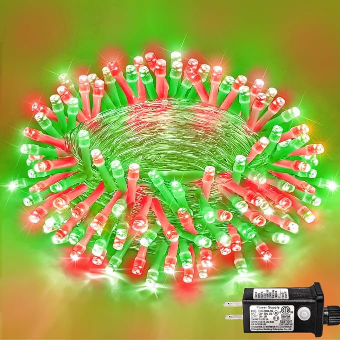 82FT 250 LED Outdoor String Lights, Red and Green Christmas Lights Indoor | Plug in Waterproof 8 Modes Clear Wire String Twinkle Lights for Bedroom Outside Patio Yard Xmas Party Holiday Decorations