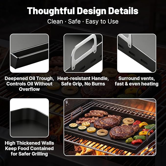 23"x16" Portable Steel Griddle for Gas Grill & Stove Top, Heavy Duty Grill Griddle for Weber, Nexgrill, Charbroil Grills, Easy to Clean, Ideal for Multi-Burner Cooking in Kitchen or Backyard