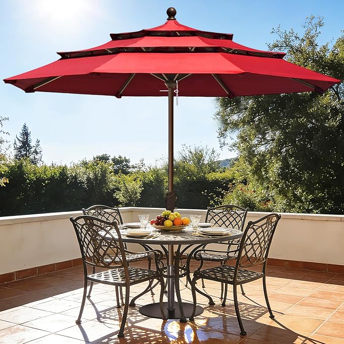 EliteShade USA 10-Year-Non-Fading 10ft 3-Tier Market Patio Umbrella, Commercial Grade Outdoor Table Umbrella with Crank Open, Windproof & UPF 50+ UV Protection, Heavy Duty Ventilation for Garden, Deck, Pool, Backyard, Beach & Bistro, No Tilt, Logo Red