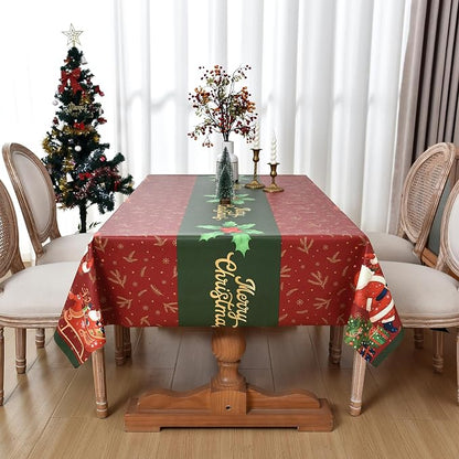 Christmas Tablecloth Heavy Duty Vinyl Red 54x84 inch Square Christmas Table Cloth Reusable Waterproof Foldable Plastic Tablecloths PVC Xmas Table Cover for New Year Party Decor