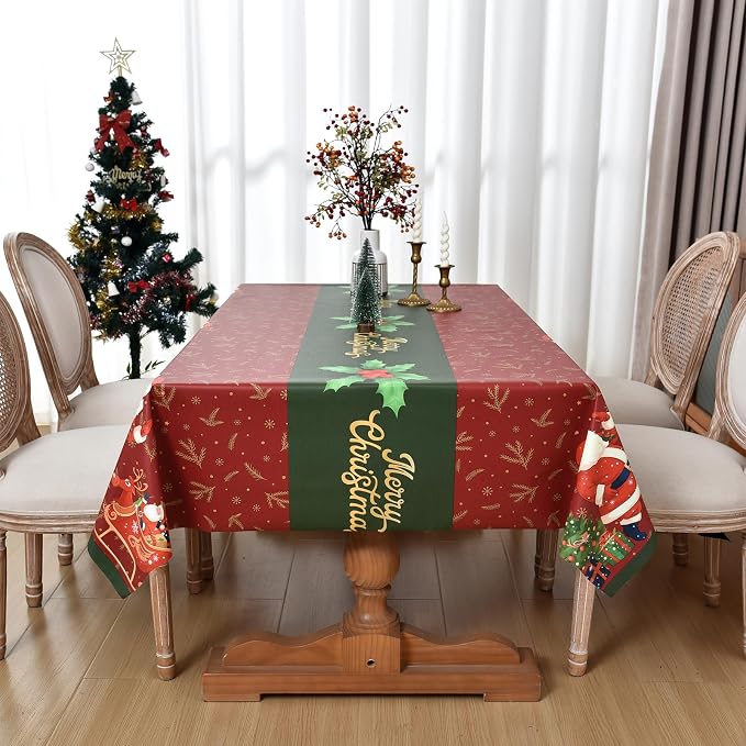 Christmas Tablecloth Heavy Duty Vinyl Red 54x72 inch Square Christmas Table Cloth Reusable Waterproof Foldable Plastic Tablecloths PVC Xmas Table Cover for New Year Party Decor