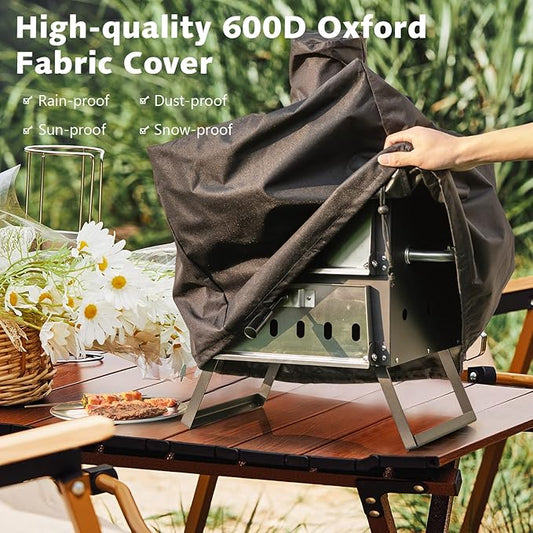 COSTWAY Picnic Outdoor Pizza Oven, Wood Fire Stone with Peel, Waterproof Cover, Fold-up Legs, Portable Stainless Steel Pizza Maker for Camping, Black + Silver
