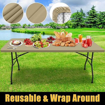 Smiry Rectangle Picnic Table Cloth, Waterproof Elastic Fitted Tablecloths for 8 Foot Tables, Washable Polyester Table Cover for Camping, Indoor and Outdoor (Taupe, 30"x96")