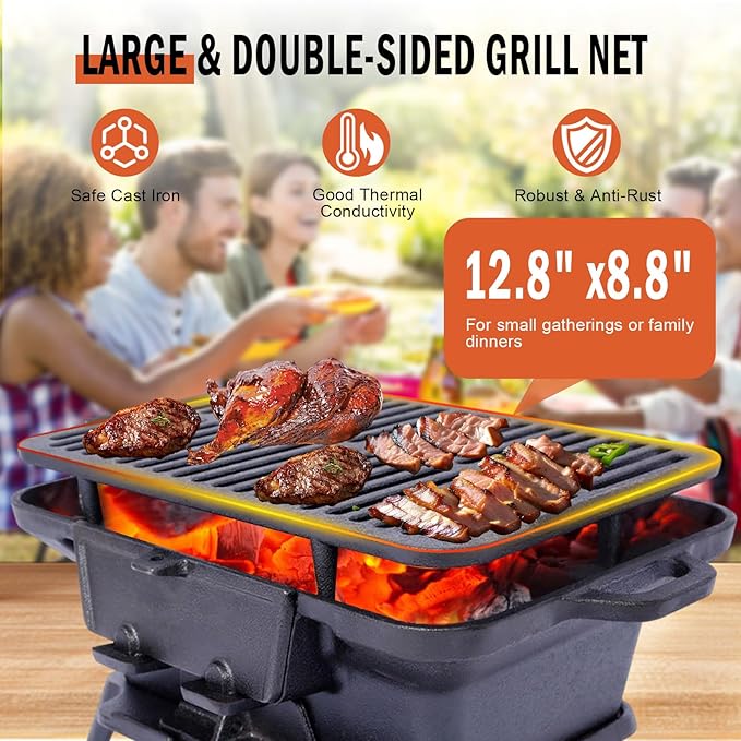 Portable Cast Iron Hibachi Grill - Pre-Seasoned Charcoal Grills, Double-Sided Grate & Adjustable Air Vents, BBQ for Camping, Backyard, Tailgating (Rectangle)
