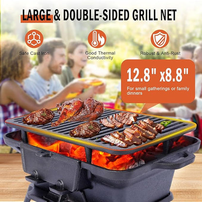 Portable Cast Iron Hibachi Grill - Pre-Seasoned Charcoal Grills, Double-Sided Grate & Adjustable Air Vents, BBQ for Camping, Backyard, Tailgating (Rectangle)