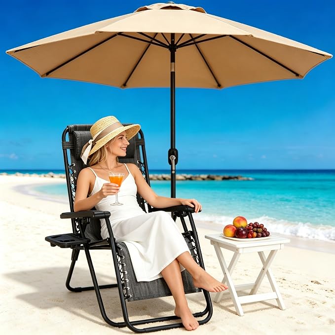 Zero Gravity Chairs Set of 2 with 9FT Patio Umbrella, Adjustable Folding Outdoor Recliner with Pillow & Cup Holder, Waterproof UV Protection Market Umbrella for Pool, Beach, Patio, Camping