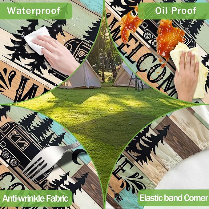 JAWO Welcome to Our Camper Rustic Wood RV Picnic Table Cover with Bench Covers, Camper RV Essentials Gear Supplies Outdoor Waterproof Windproof Tablecloth with Elastic, 30X60in