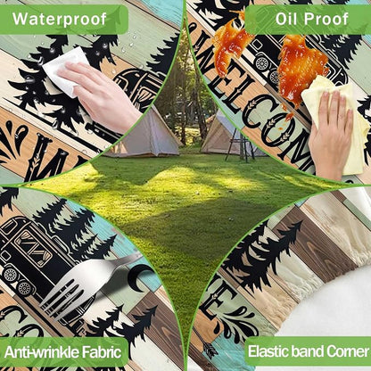 JAWO Welcome to Our Camper Rustic Wood RV Picnic Table Cover with Bench Covers, Camper RV Essentials Gear Supplies Outdoor Waterproof Windproof Tablecloth with Elastic, 30X60in