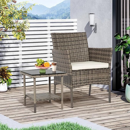 FDW 3 Piece Outdoor Furniture Set Patio Gray Wicker Chairs Furniture Bistro Conversation Set 2 Rattan Chairs with Khaki Cushions and Glass Coffee Table for Porch Lawn Garden Balcony Backyard