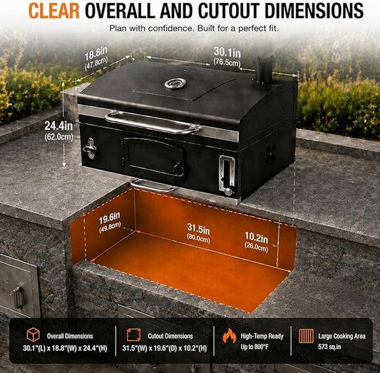 30in Built in Charcoal Grill for Outdoor Kitchen Island, Heavy Duty Large Barbecue Grills with Liftable Tray, Insulated Hood & Temp Gauge Drop-in BBQ Barrel Grill for Family Parties Patio Cooking
