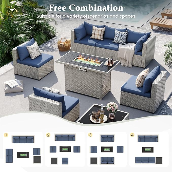 UDPATIO Patio Furniture Set with Fire Pit Table, 8 Pcs Outdoor Sectional Sofa, PE Wicker Patio Conversation Set for Garden, Backyard (Blue Cushions with Light Grey Rattan)