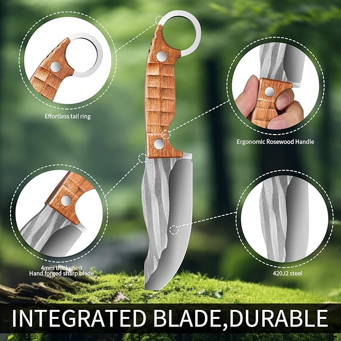 Plys Full Tang Camping Knife,Ergonomic Rosewood Handle, Multi-Tool Outdoor Survival Knife for Precise Stabbing, EDC Lightweight Adventure & Hunting Gear with Leather Sheath