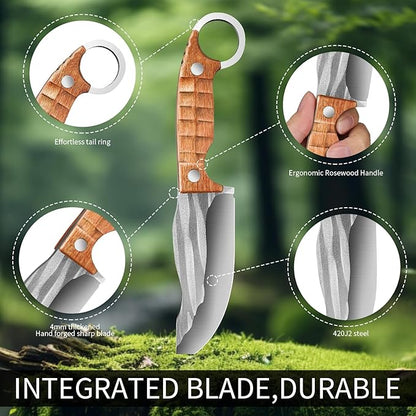 Plys Full Tang Camping Knife,Ergonomic Rosewood Handle, Multi-Tool Outdoor Survival Knife for Precise Stabbing, EDC Lightweight Adventure & Hunting Gear with Leather Sheath