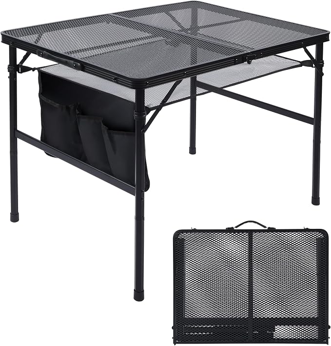 JOUYEK Folding Grill Table, 3x2 FT Portable Camping Table | Height Adjustable Metal Tables with Mesh Desktop and Mesh Bag, Outdoor Furniture for Camping, Picnic, Beach and BBQ, Black