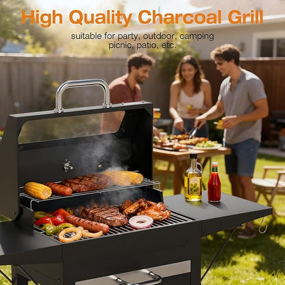 Charcoal Grills with Side Tables and Bottle Opener, Barbecue BBQ Grill with Glass Cover for Outdoor Picnic Backyard Patio and Parties, 20inch Black