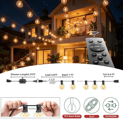 Outdoor String Lights with Remote 75FT Waterproof Outside Lighting for Yard | 1FT Bulbs Apart,75 Feet Dimmable Connectable Patio Lights with Remote,Timer, 3 Modes for Backyard, Bistro,Garden,Balcony,Deck