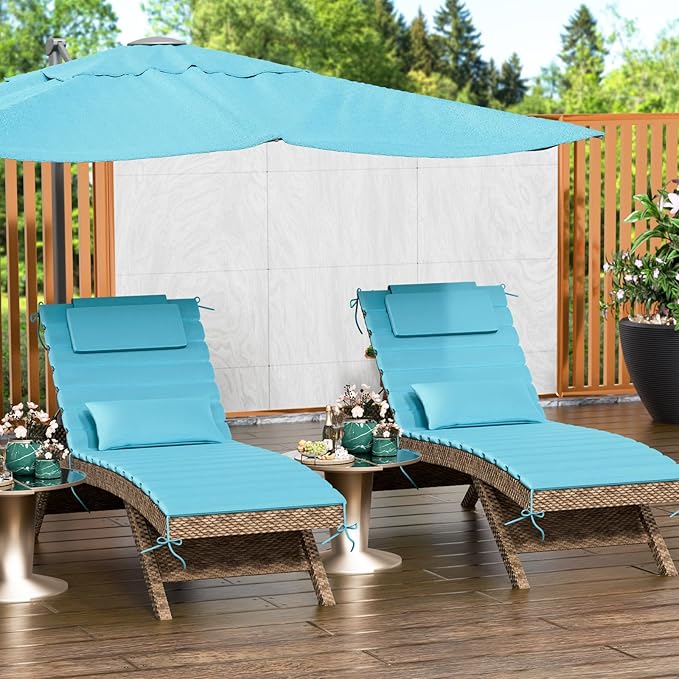 2 Sets of Outdoor Water-Resistant Olefin Chaise Lounge Cushions with Headrest and Pillow, Weather and Fade Resistant Foldable Quilted Lounge Chair Pads with Straps, Turquoise, 73" L x 22" W