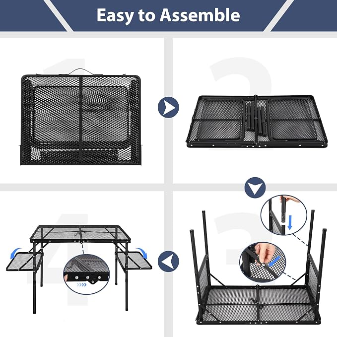 REDCAMP 36x24 Folding Grill Table for Outside with 2 Side Tables, Lightweight Portable Metal Aluminum Outdoor Grill Table with Adjustable Height Legs, Great for Camping Picnic Cooking BBQ, Black 3ft