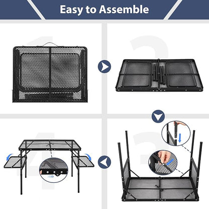 REDCAMP 36x24 Folding Grill Table for Outside with 2 Side Tables, Lightweight Portable Metal Aluminum Outdoor Grill Table with Adjustable Height Legs, Great for Camping Picnic Cooking BBQ, Black 3ft